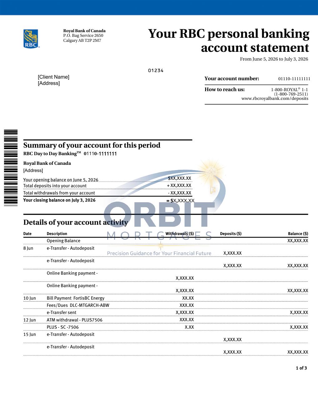 RBC Royal Bank statement sample page 1