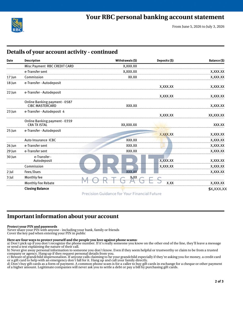 RBC Royal Bank statement sample page 2