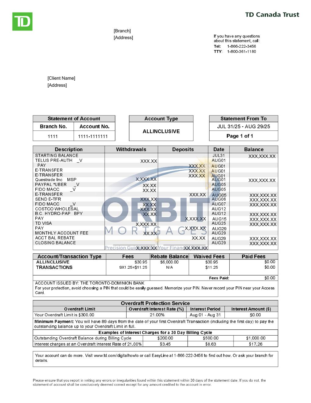 TD Canada Trust bank statement sample
