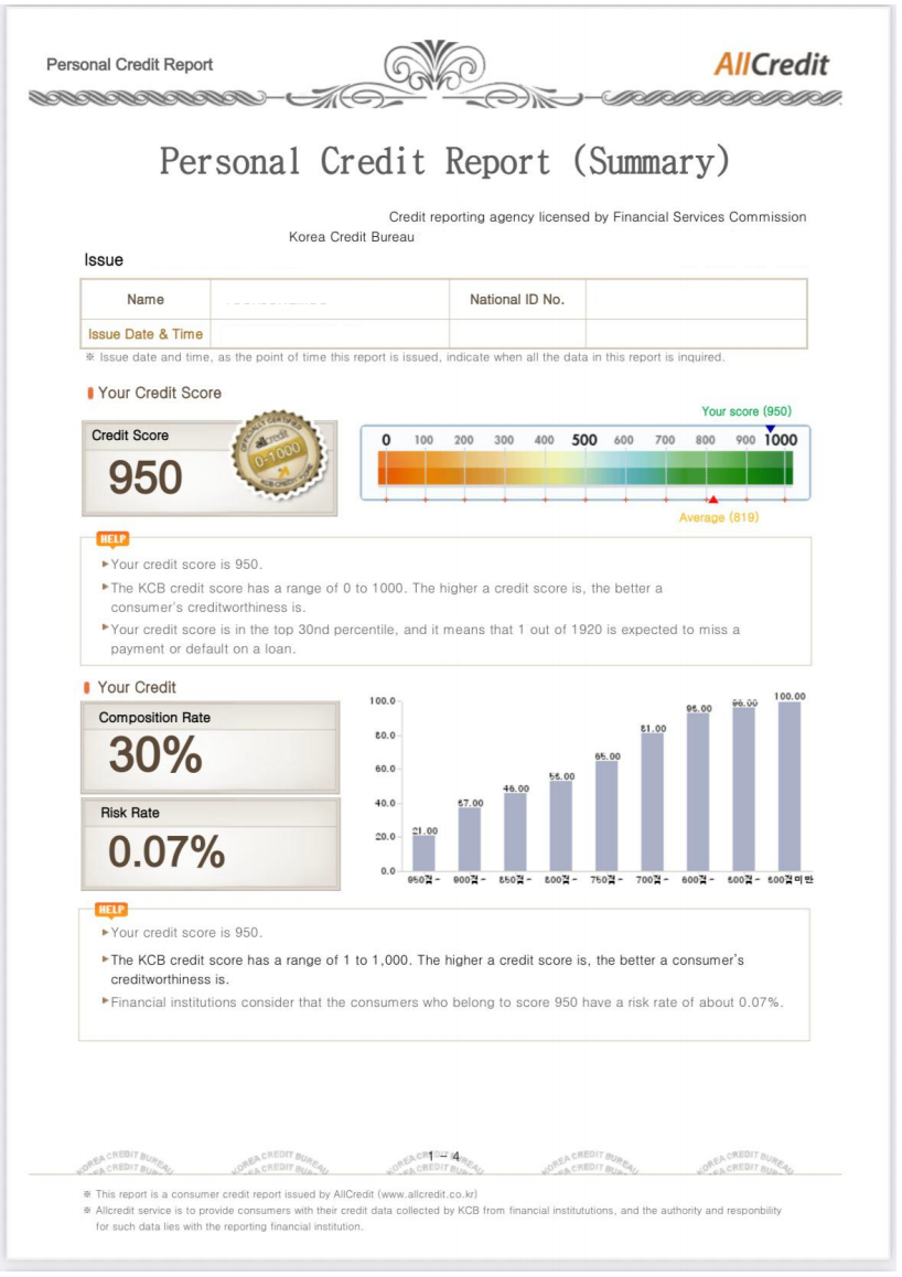 Korean Credit Bureau Report sample page 1