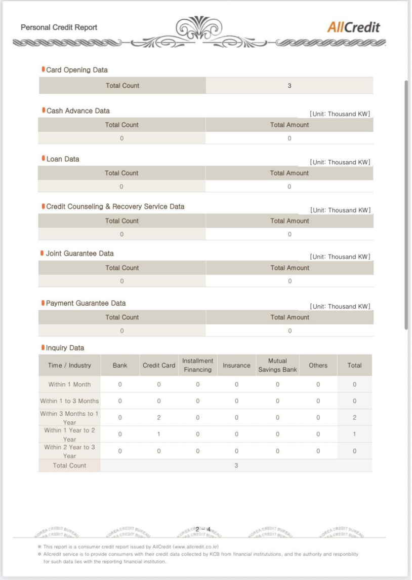 Korean Credit Bureau Report sample page 2