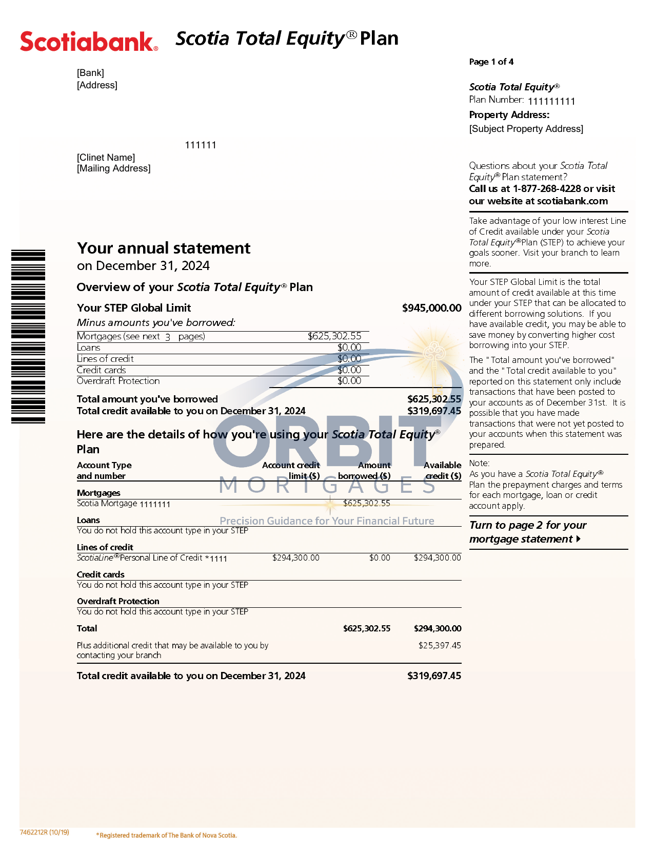 Scotiabank annual mortgage statement sample page 1