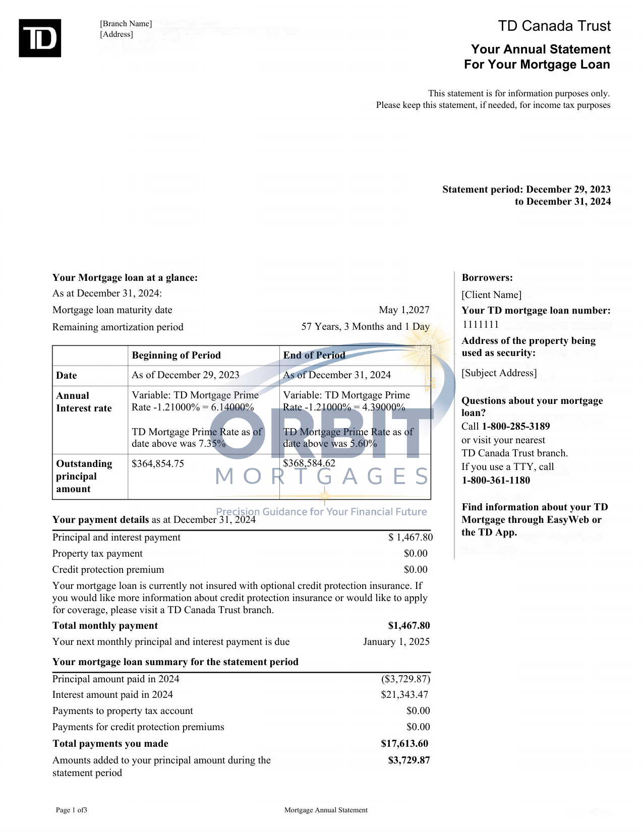 TD annual mortgage statement sample page 1