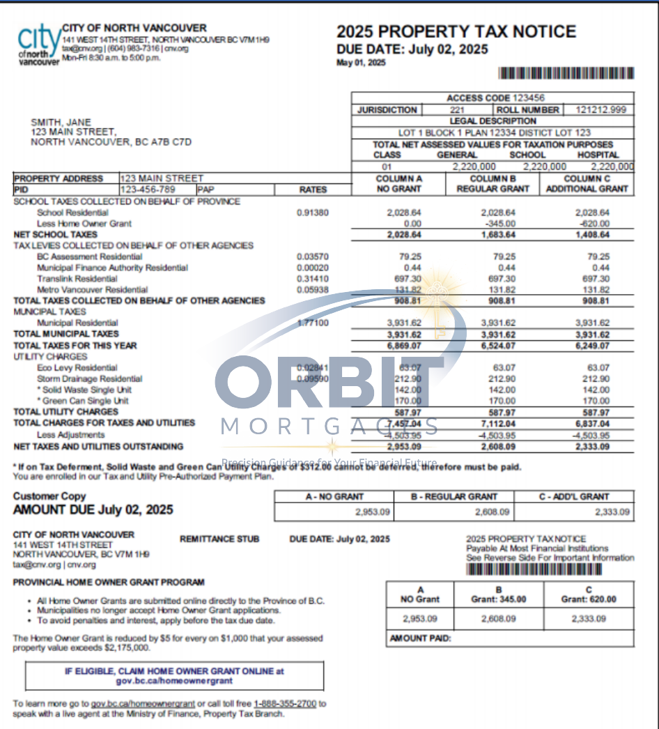 City of North Vancouver property tax notice sample page 1