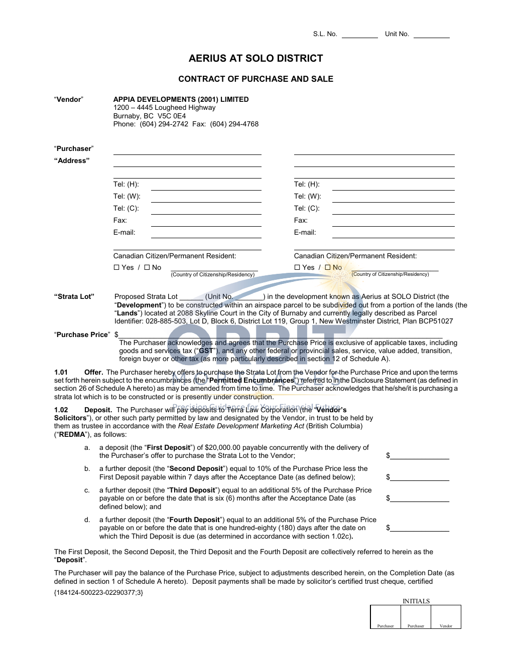 Presale Contract of Purchase and Sale sample page 1