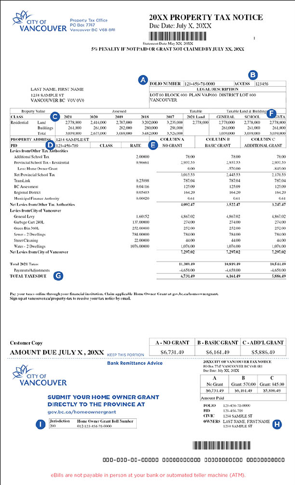 City of Vancouver property tax notice sample page 1
