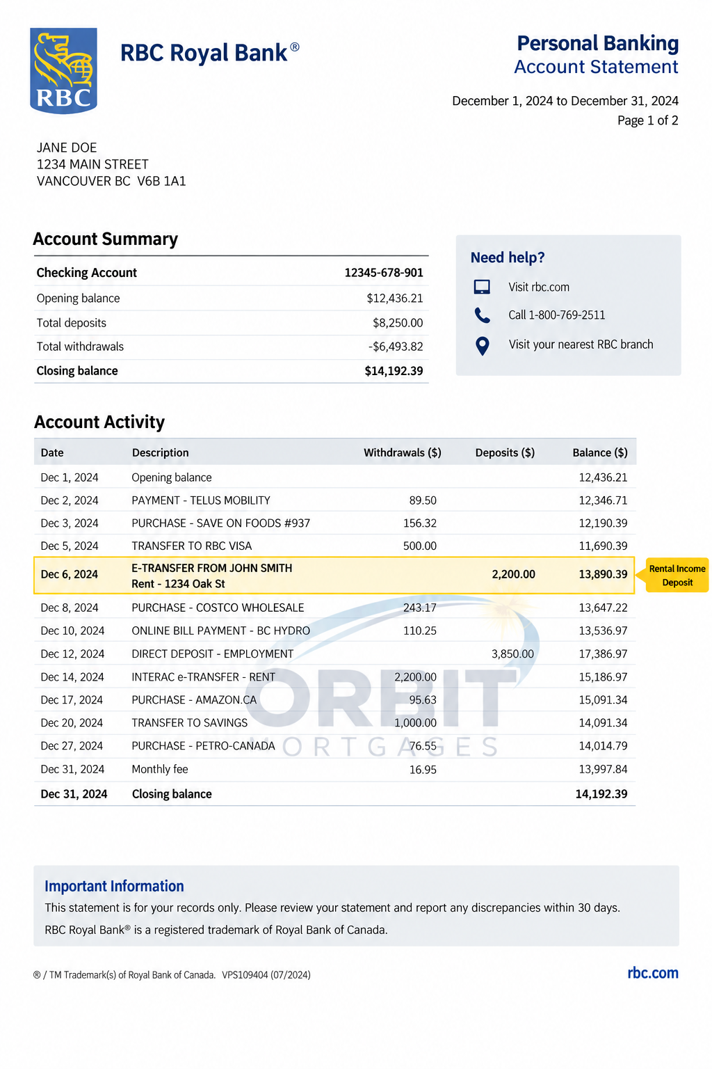 Sample bank statement with rental income deposit highlighted