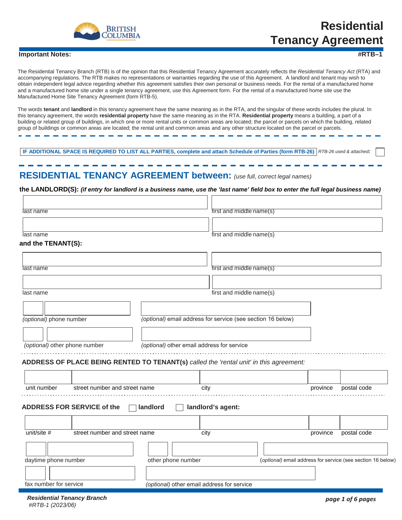 BC Residential Tenancy Agreement RTB-1 page 1