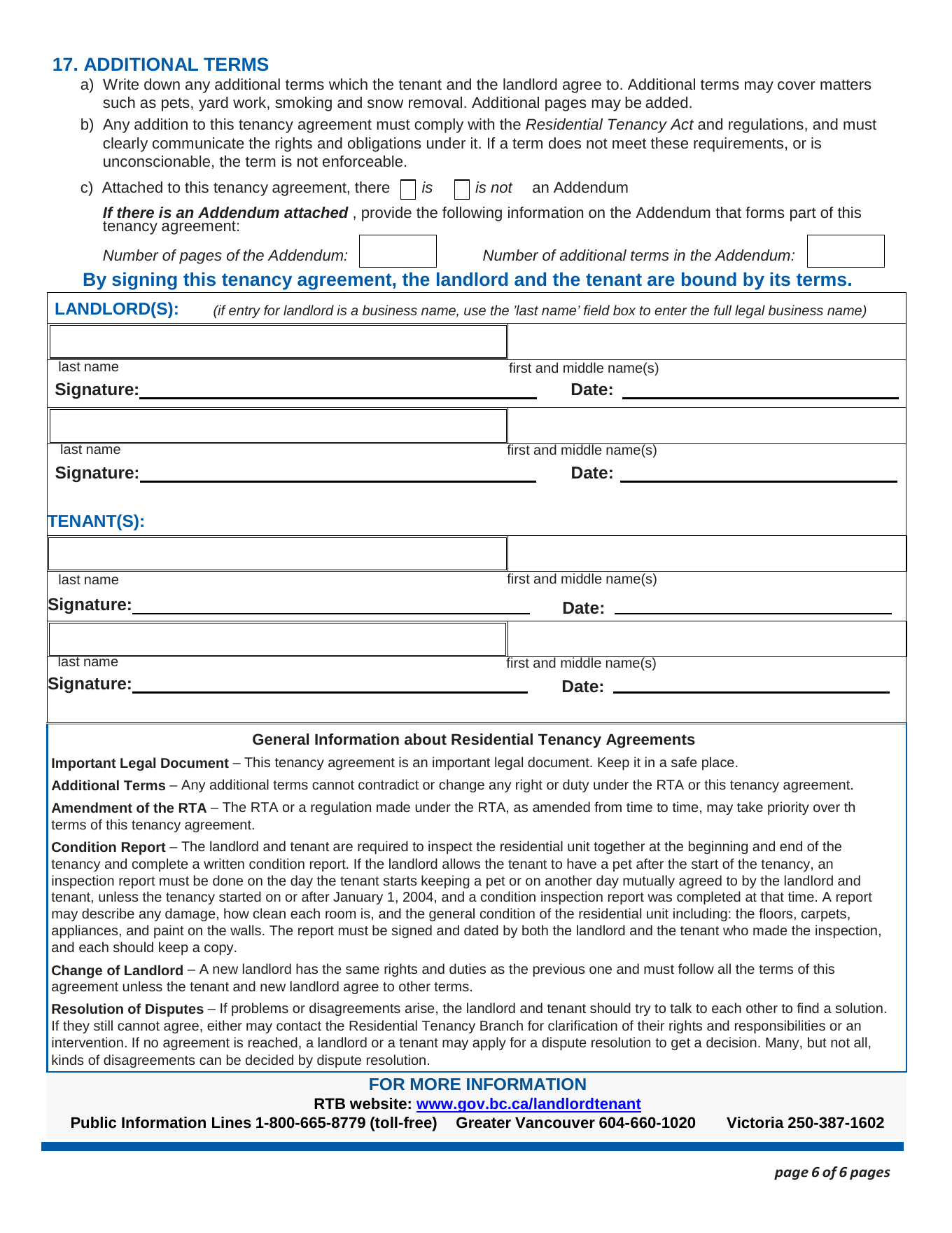 BC Residential Tenancy Agreement RTB-1 page 6