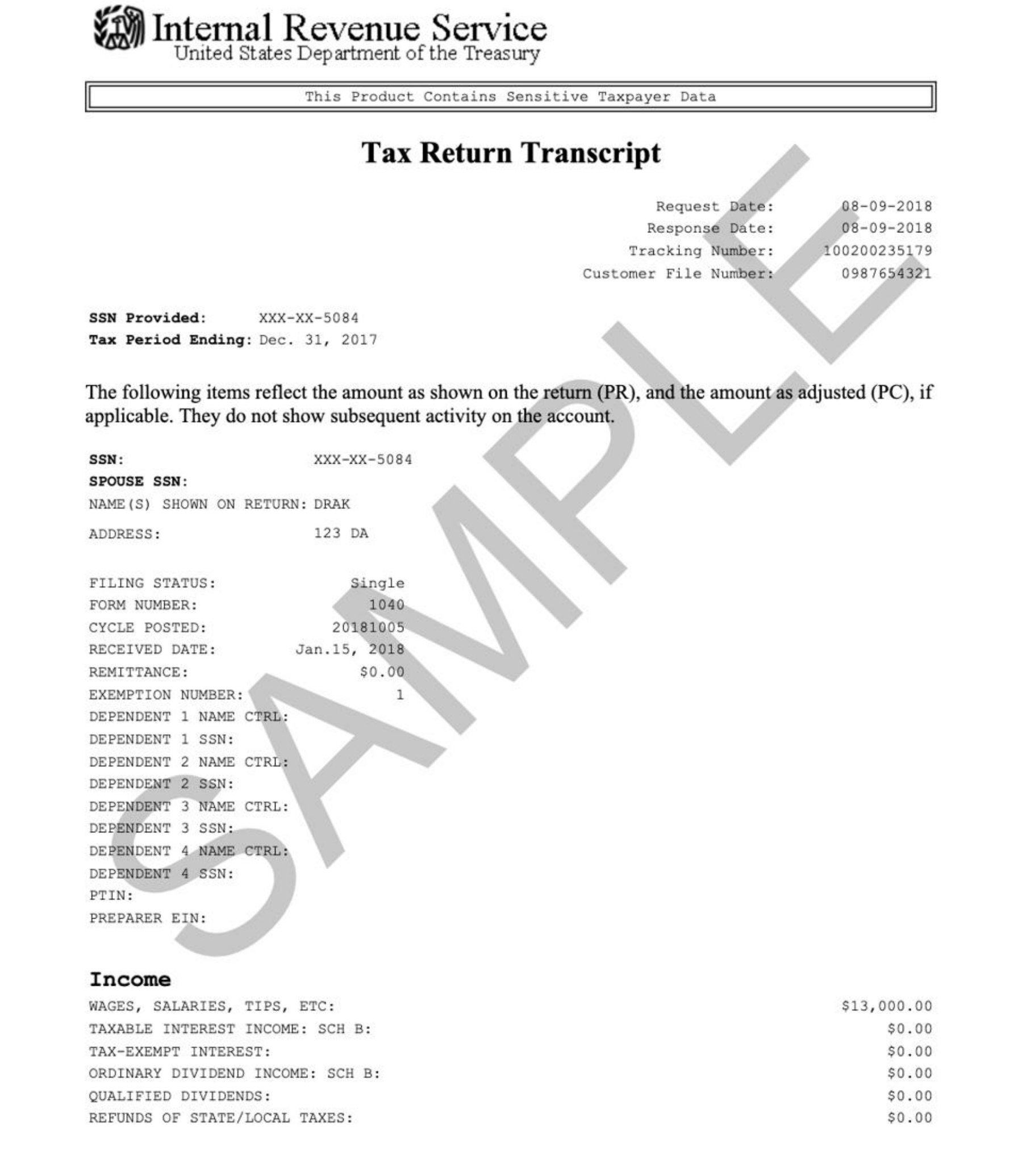 IRS Tax Return Transcript sample