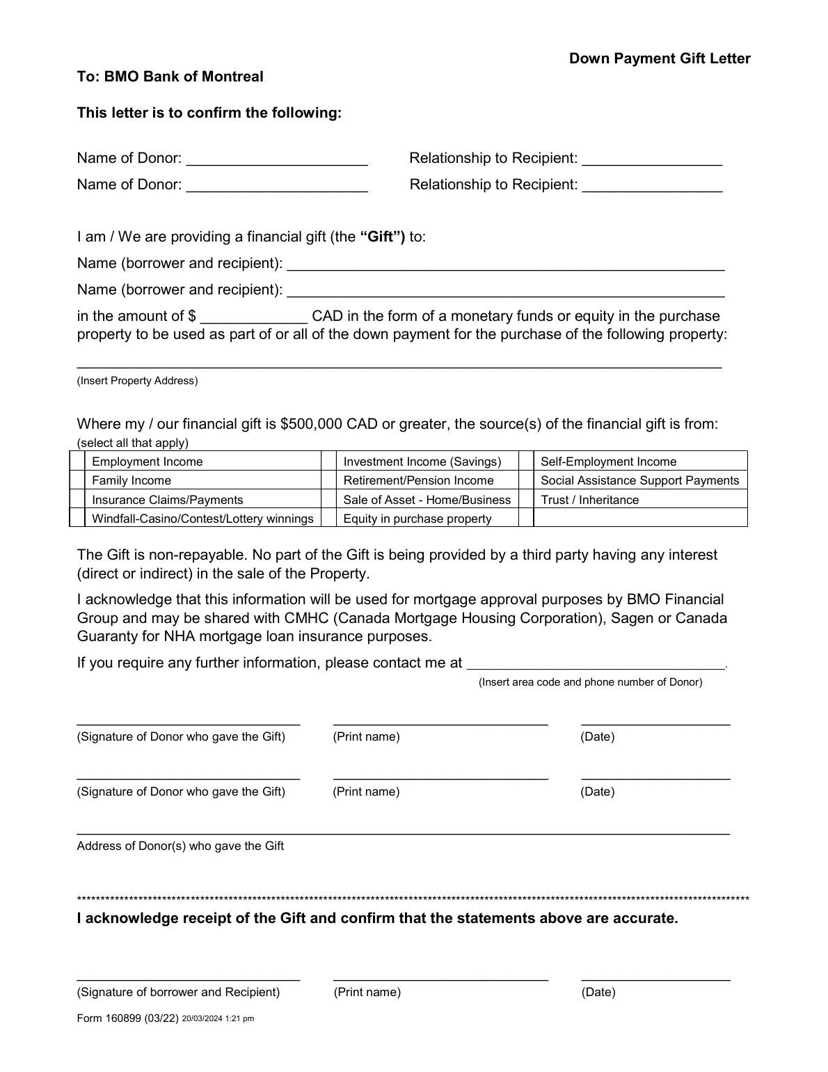BMO Down Payment Gift Letter page 1