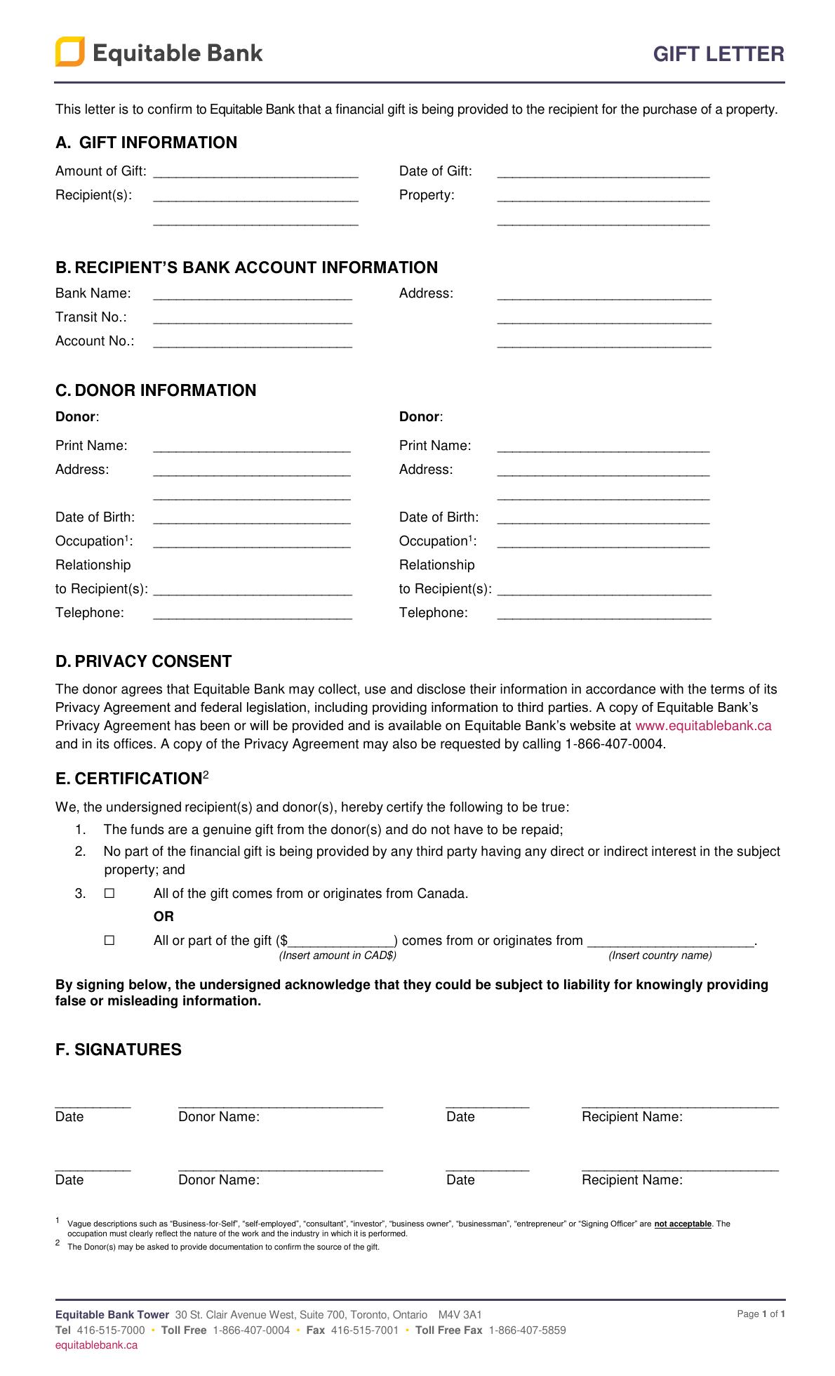 Equitable Bank Gift Letter
