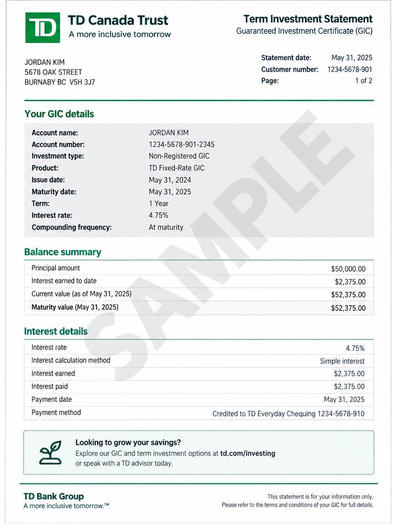 TD GIC term investment statement sample