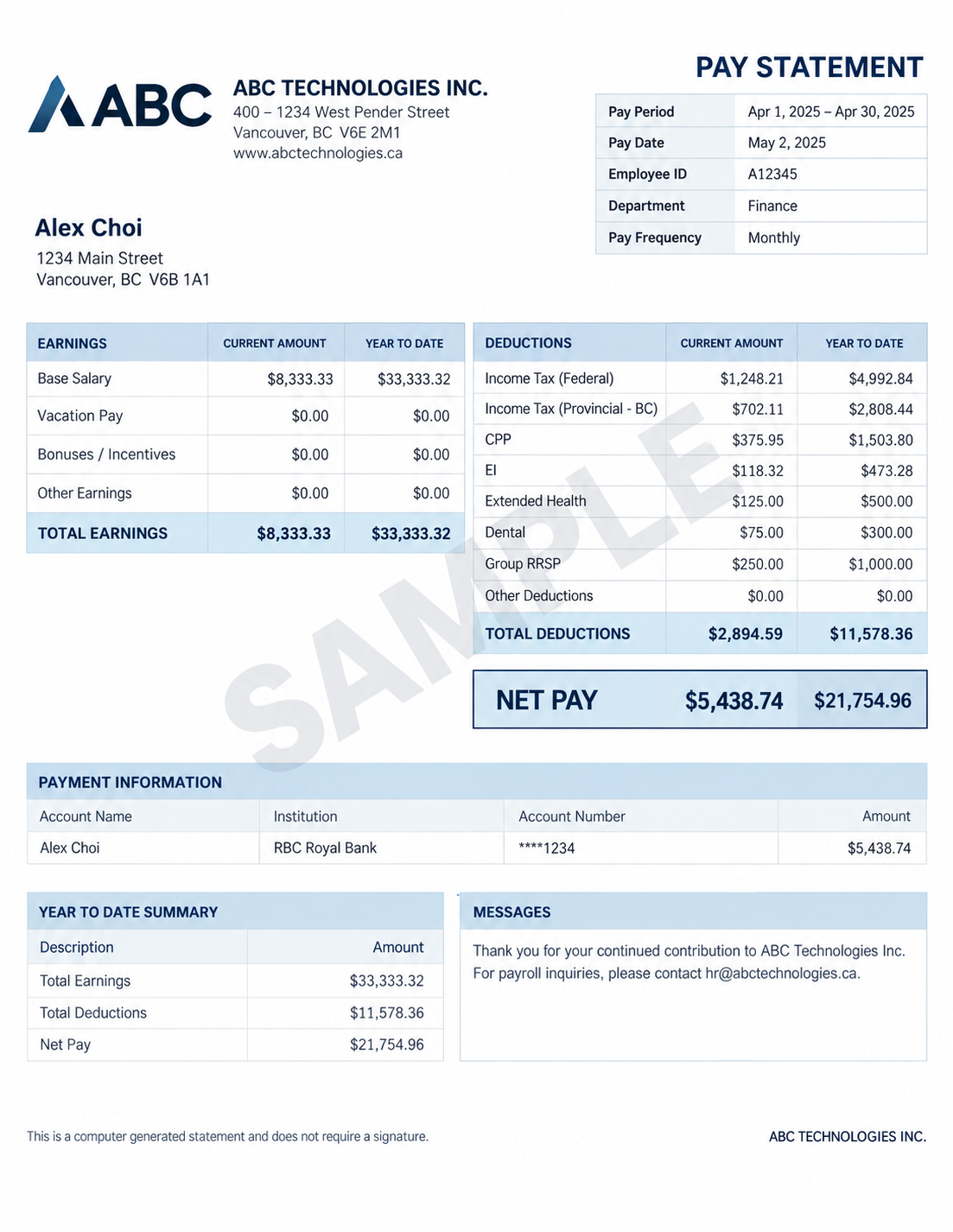 Sample corporate statement of earnings