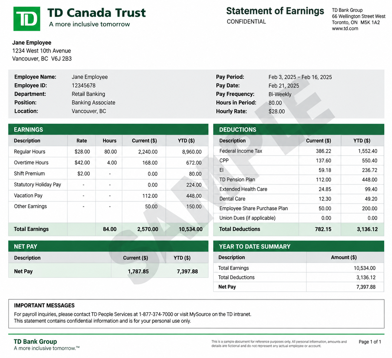 Sample hourly wage statement of earnings