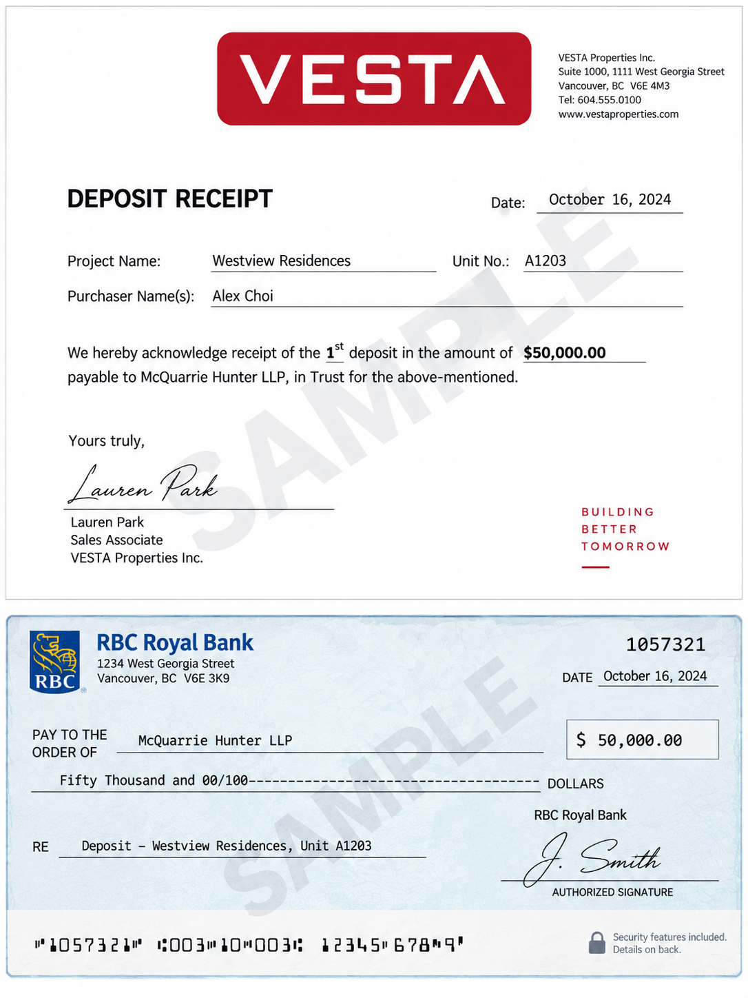 Sample presale developer deposit receipt and bank draft