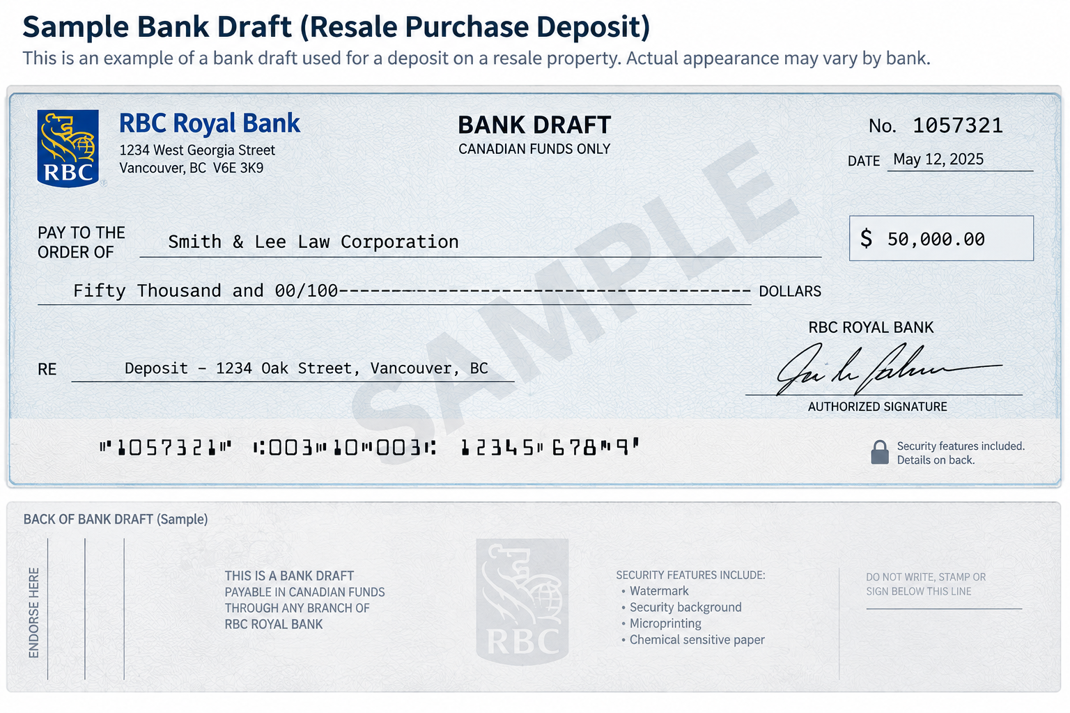 Sample bank draft for a resale purchase deposit