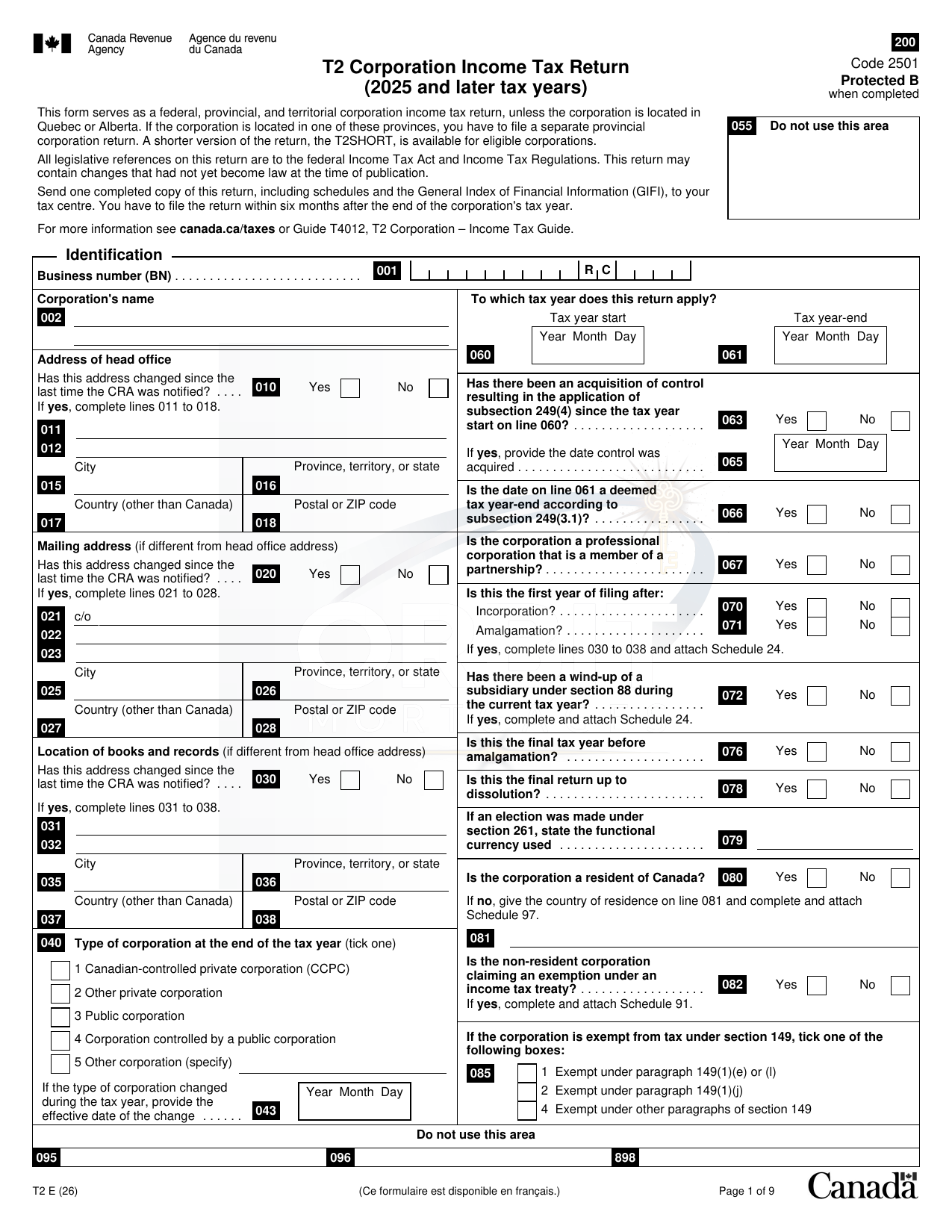 Corporate T2 Return sample page 1